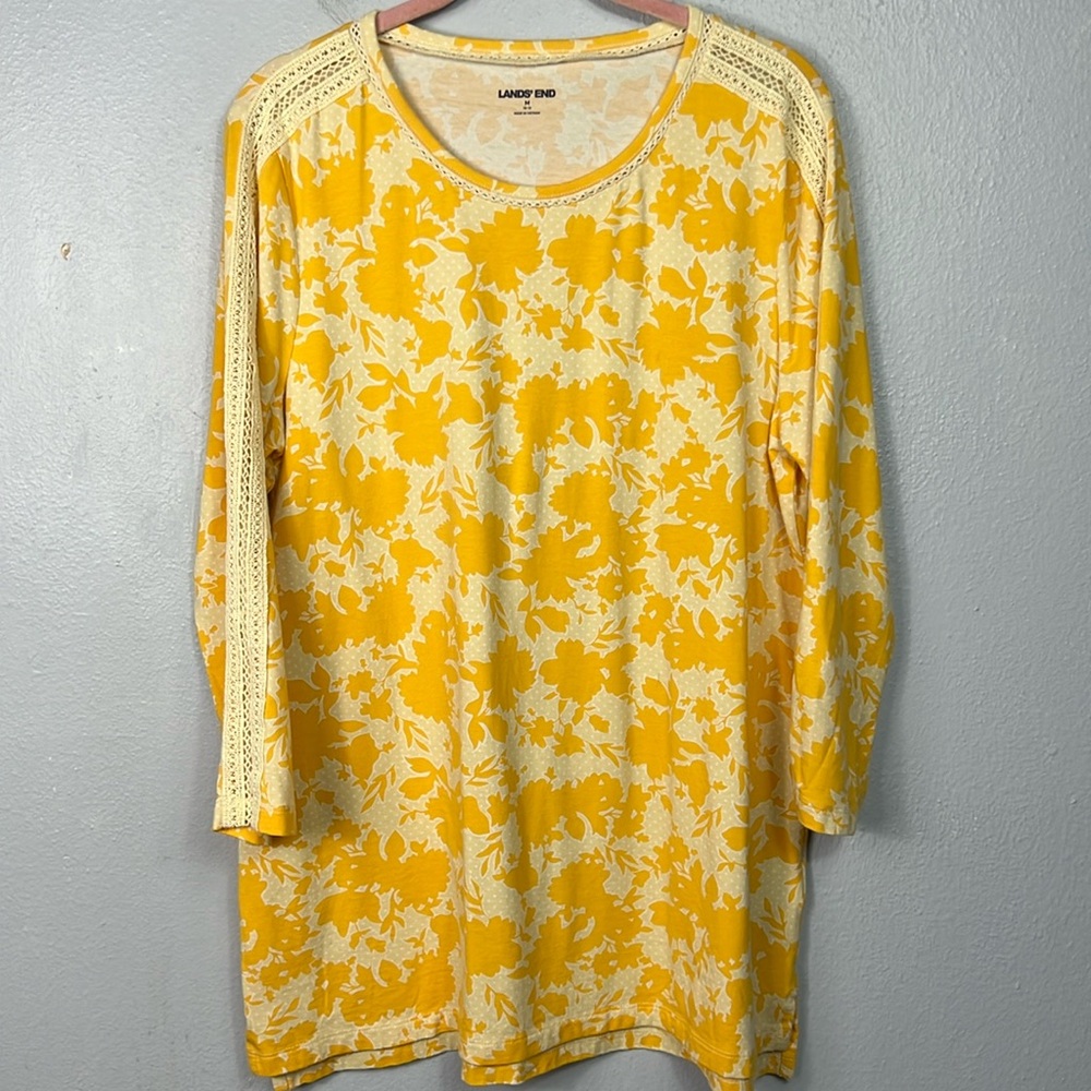 Lands’ End Yellow Floral and Lace 3/4 Sleeve Tunic Top Medium